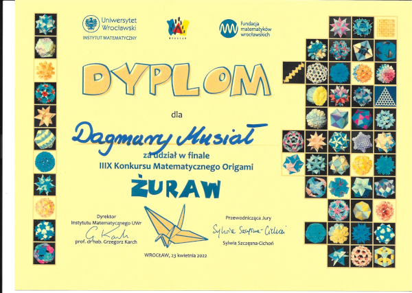 Dagmara Musiał finalistką XIII Ogólnopolskiego Konkursu - Matematyczne Origami „Żuraw” 